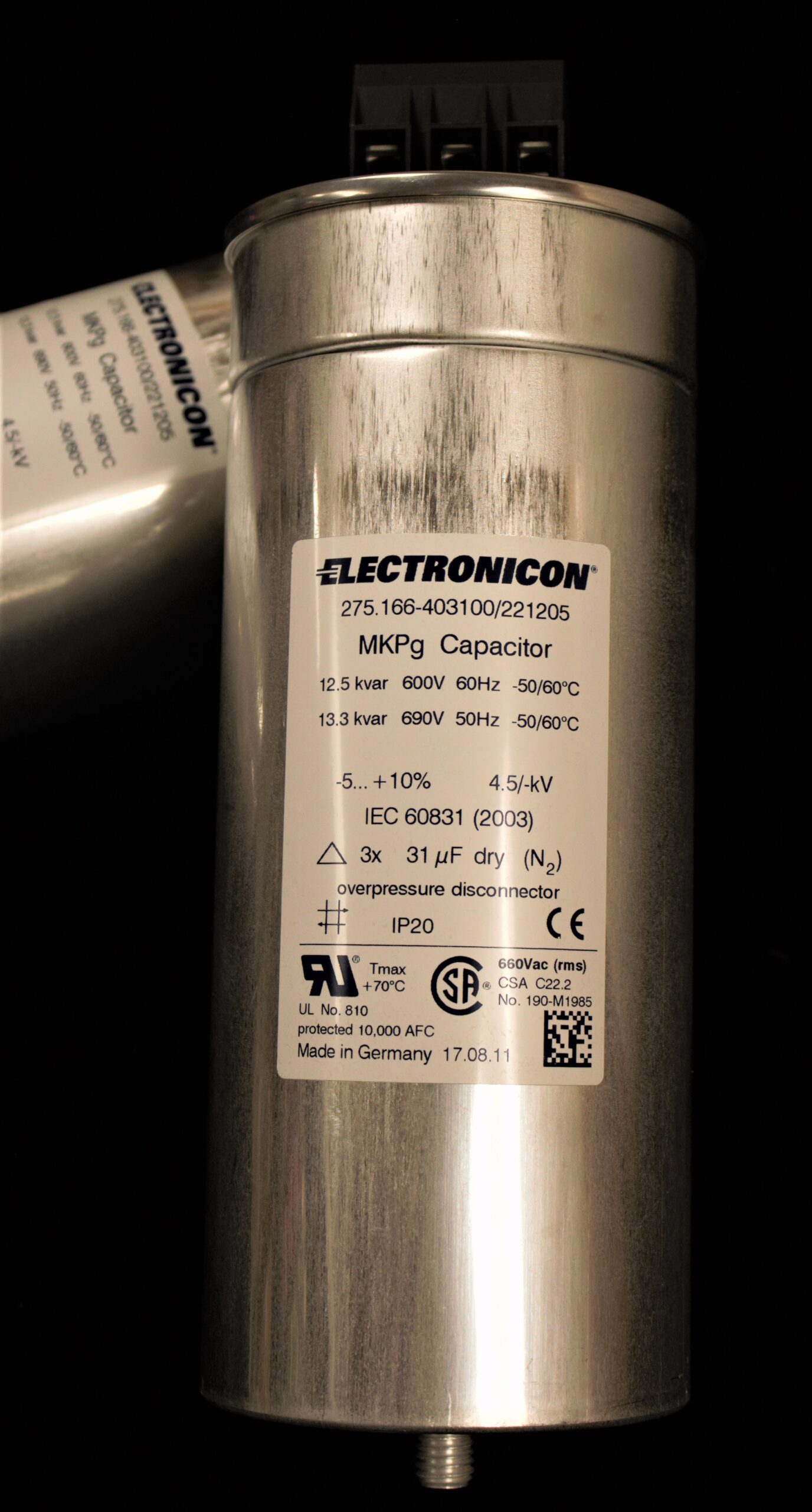 Electronicon 275.166-403100 Power Factor Correction Capacitor 12.5 kvar  600v 60Hz