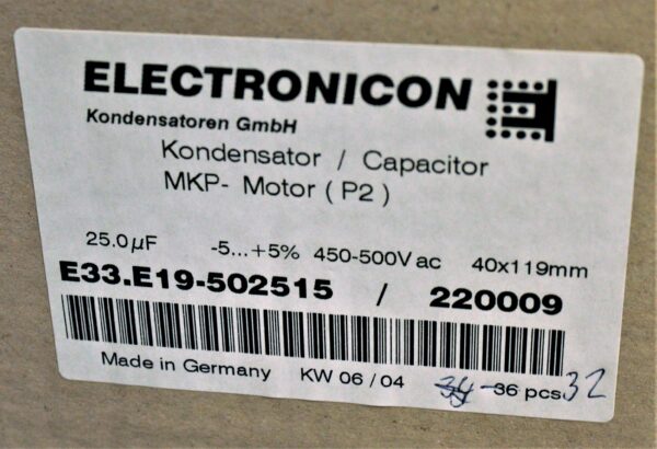 Electronicon Capacitor E33.E19-502515/220009 25.0uF 450-500 V ac -5...+5% - Image 2