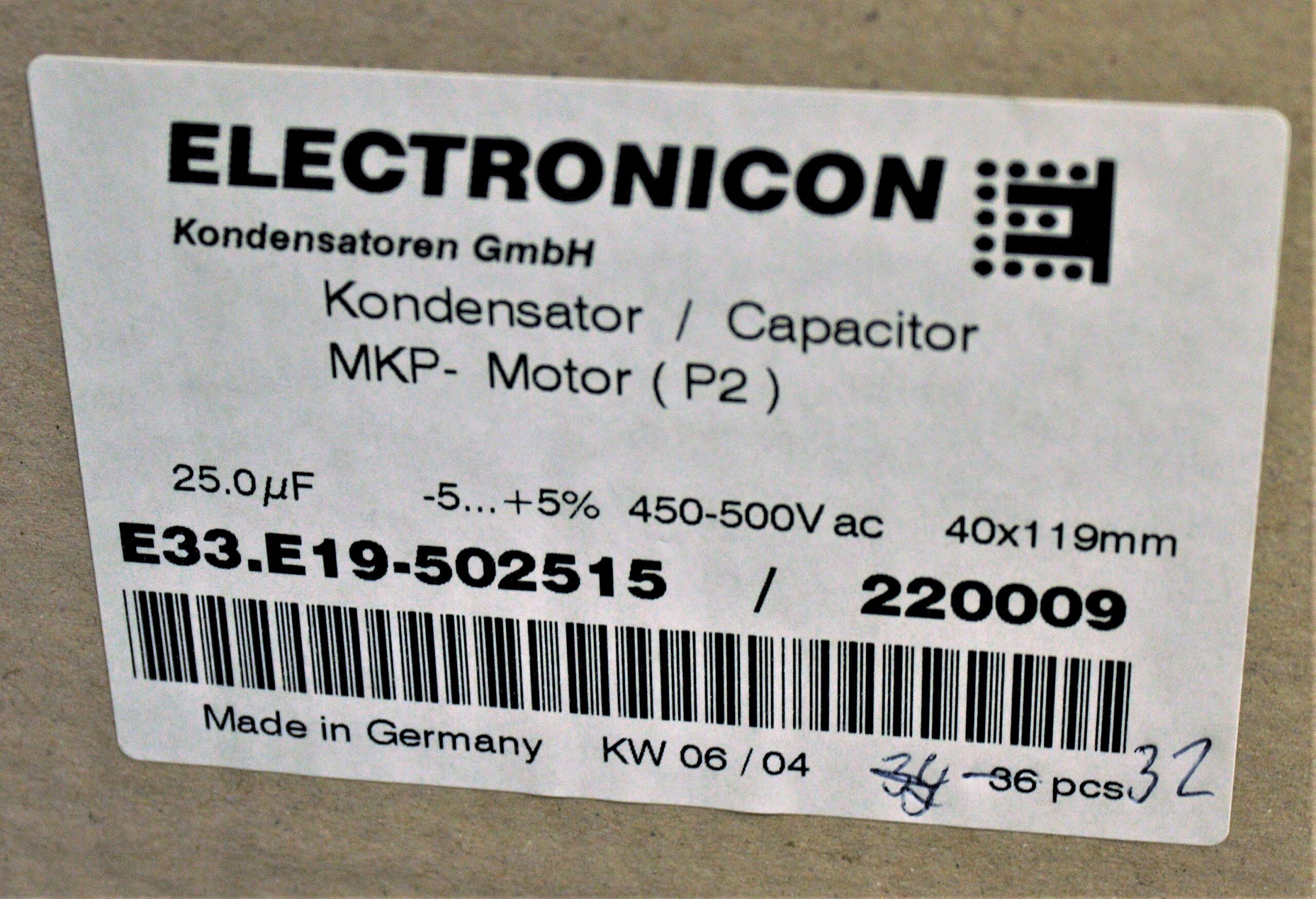 Electronicon Capacitor E33.E19-502515/220009 25.0uF 450-500 V ac -5+5% -  UPE Inc.